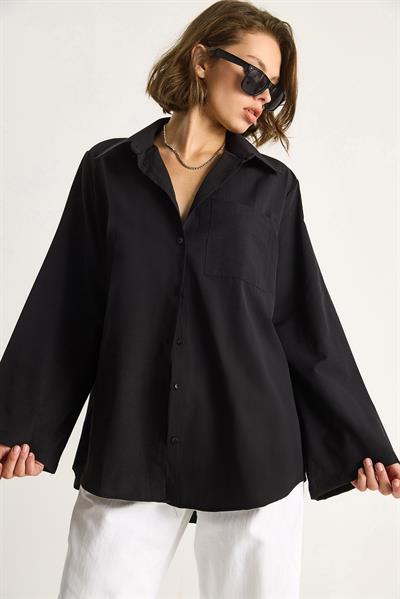 Kadın Geniş Kollu Tek Cep Detaylı Oversize Basic Poplin Gömlek 2144 60284103 - Siyah