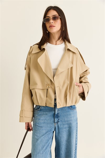 Kadın Geniş Kruvaze Yaka Apolet Detaylı Astarlı Kısa Trençkot 8024 60286462 - Bej