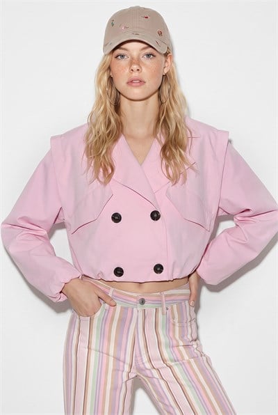 Kadın Geniş Kruvaze Yaka Cep Detaylı Lastikli Crop Trençkot 2834 60286460 - Pembe