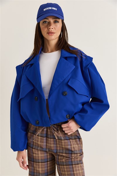Kadın Geniş Kruvaze Yaka Cep Detaylı Lastikli Crop Trençkot 2834 60286460 - Saks