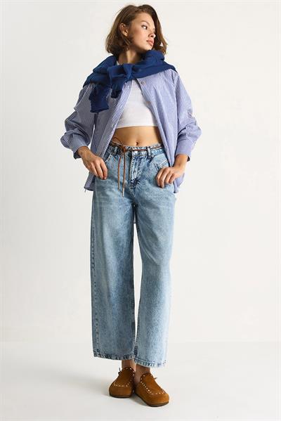 Kadın Geniş Paça Yüksek Bel Deri İp Kemerli Denim Pantolon 5288 60284109 - Kar Yıkama