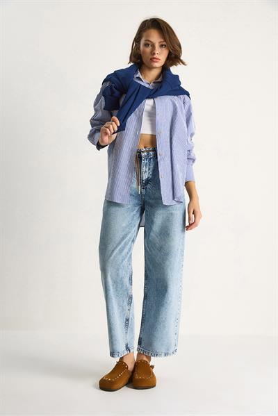 Kadın Geniş Paça Yüksek Bel Deri İp Kemerli Denim Pantolon 5288 60284109 - Kar Yıkama