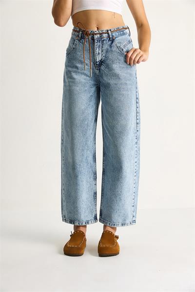 Kadın Geniş Paça Yüksek Bel Deri İp Kemerli Denim Pantolon 5288 60284109 - Kar Yıkama