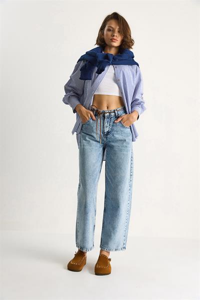 Kadın Geniş Paça Yüksek Bel Deri İp Kemerli Denim Pantolon 5288 60284109 - Kar Yıkama