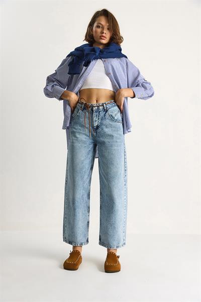 Kadın Geniş Paça Yüksek Bel Deri İp Kemerli Denim Pantolon 5288 60284109 - Kar Yıkama