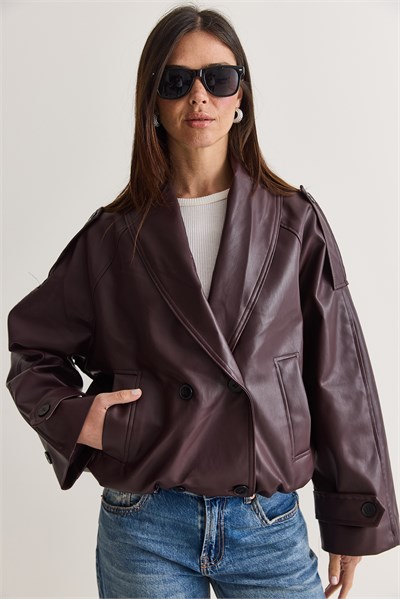 Kadın Geniş Şal Yaka Cep Detaylı Beli Lastikli Bomber Kesim Astarlı Suni Deri Ceket 1147 60286763 - Bordo