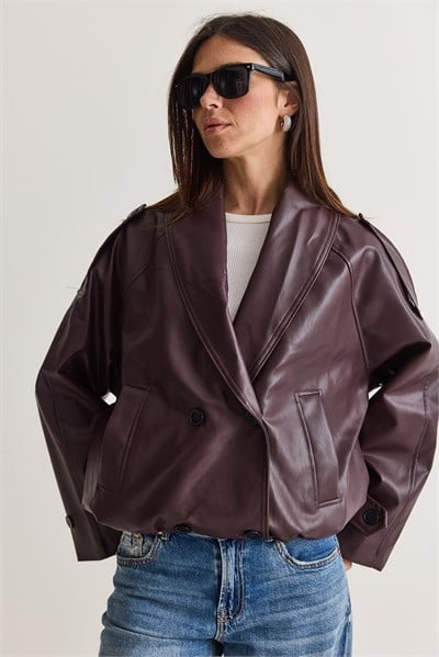 Kadın Geniş Şal Yaka Cep Detaylı Beli Lastikli Bomber Kesim Astarlı Suni Deri Ceket 1147 60286763 - Bordo