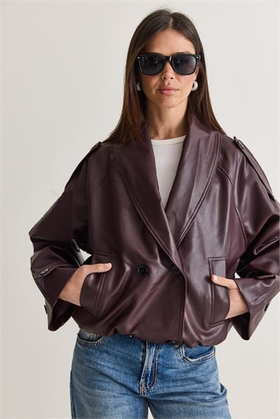 Kadın Geniş Şal Yaka Cep Detaylı Beli Lastikli Bomber Kesim Astarlı Suni Deri Ceket 1147 60286763 - Bordo
