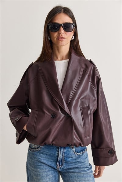 Kadın Geniş Şal Yaka Cep Detaylı Beli Lastikli Bomber Kesim Astarlı Suni Deri Ceket 1147 60286763 - Bordo