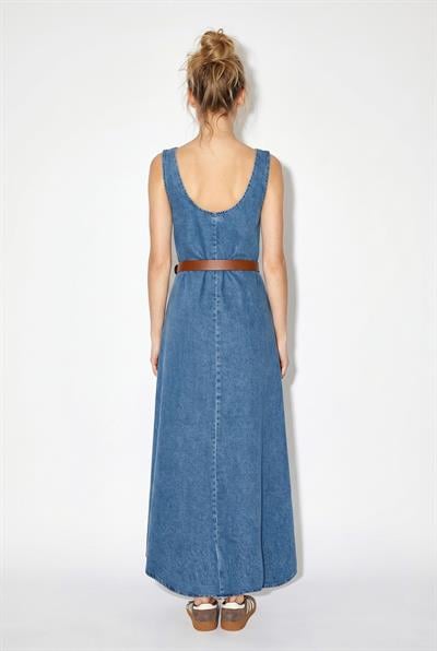 Kadın Geniş Yaka Askılı Kemerli Kloş Denim Elbise 6084 60286108 - Mavi