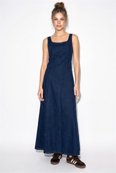 Kadın Geniş Yaka Askılı Kemerli Kloş Denim Elbise 6084 60286108 - Lacivert