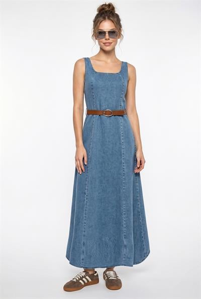 Kadın Geniş Yaka Askılı Kemerli Kloş Denim Elbise 6084 60286108 - Mavi
