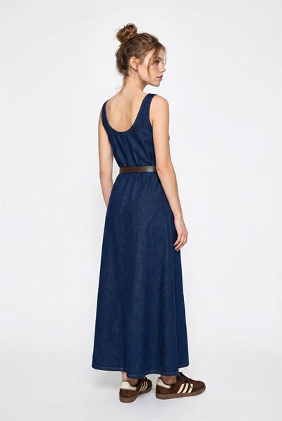 Kadın Geniş Yaka Askılı Kemerli Kloş Denim Elbise 6084 60286108 - Lacivert
