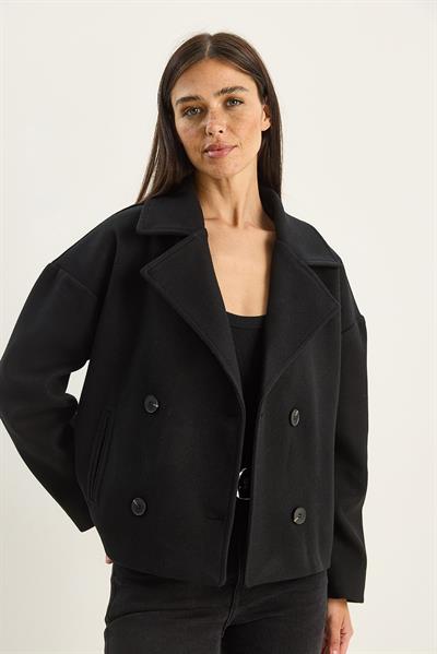 Kadın Geniş Yaka Cep Detaylı Astarlı Düğmeli Kısa Kaşe Kaban 2517 60283788 - Siyah