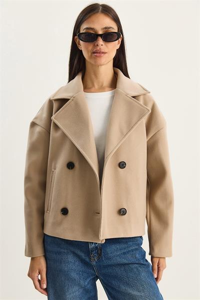 Kadın Geniş Yaka Cep Detaylı Astarlı Düğmeli Kısa Kaşe Kaban 2517 60283788 - Vizon