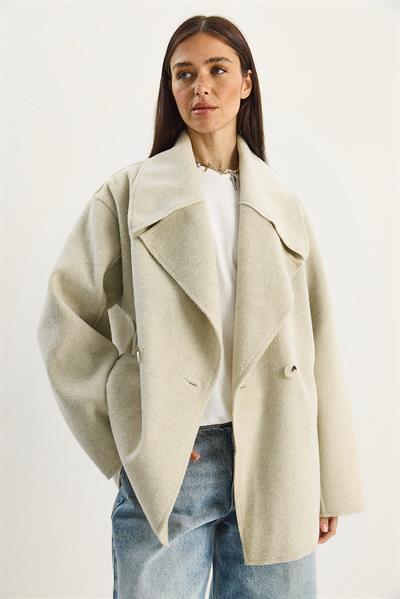 Kadın Geniş Yaka Cep Detaylı Oversize Kaşe Kaban 38183 60283785 - Bej