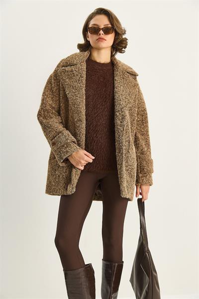 Kadın Geniş Yaka Cep Detaylı Oversize Astarlı Buklet Kaşe Kaban 7033 60283735 - Taba