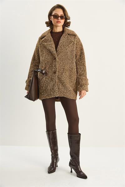 Kadın Geniş Yaka Cep Detaylı Oversize Astarlı Buklet Kaşe Kaban 7033 60283735 - Taba