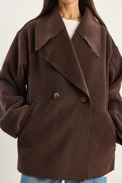 Kadın Geniş Yaka Cep Detaylı Oversize Kaşe Kaban 38183 60283785 - Acı Kahve