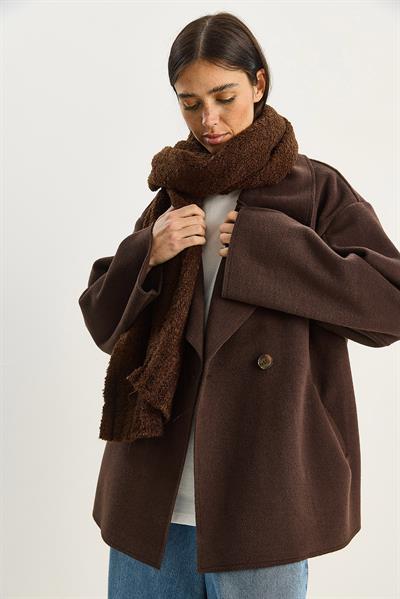 Kadın Geniş Yaka Cep Detaylı Oversize Kaşe Kaban 38183 60283785 - Acı Kahve