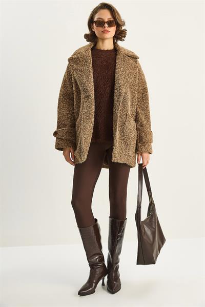 Kadın Geniş Yaka Cep Detaylı Oversize Astarlı Buklet Kaşe Kaban 7033 60283735 - Taba