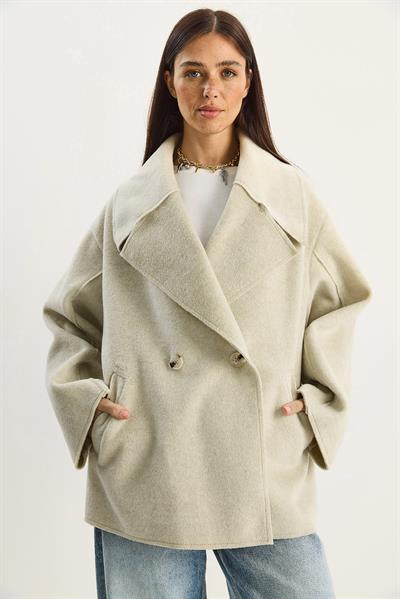 Kadın Geniş Yaka Cep Detaylı Oversize Kaşe Kaban 38183 60283785 - Bej