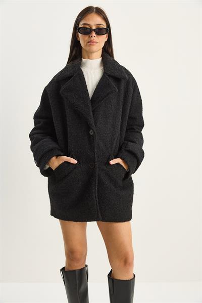 Kadın Geniş Yaka Cep Detaylı Oversize Astarlı Buklet Kaşe Kaban 7033 60283735 - Siyah