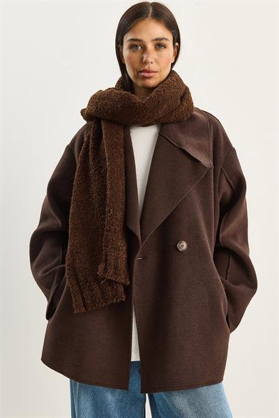 Kadın Geniş Yaka Cep Detaylı Oversize Kaşe Kaban 38183 60283785 - Acı Kahve