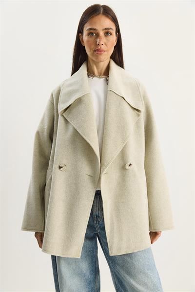 Kadın Geniş Yaka Cep Detaylı Oversize Kaşe Kaban 38183 60283785 - Bej