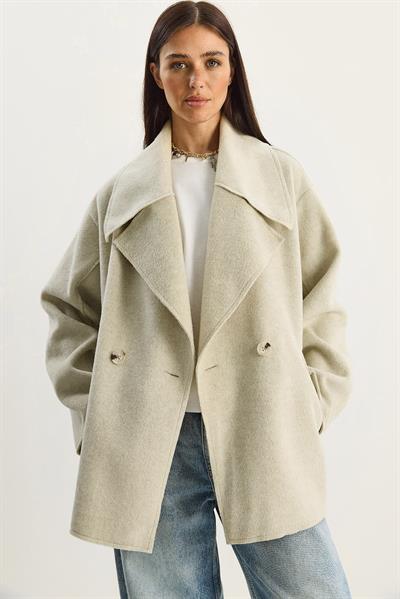 Kadın Geniş Yaka Cep Detaylı Oversize Kaşe Kaban 38183 60283785 - Bej