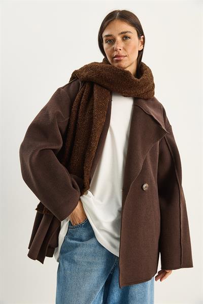 Kadın Geniş Yaka Cep Detaylı Oversize Kaşe Kaban 38183 60283785 - Acı Kahve