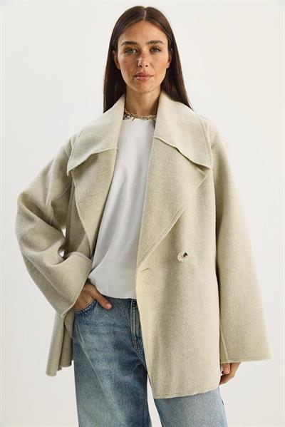 Kadın Geniş Yaka Cep Detaylı Oversize Kaşe Kaban 38183 60283785 - Bej