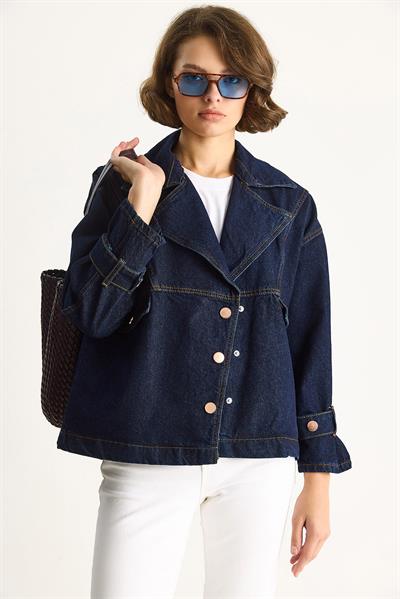 Kadın Geniş Yaka Uzun Kollu Ayarlanabilir Manşetli Denim Ceket 6089 60283543 - Lacivert