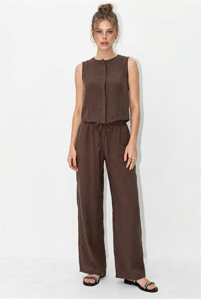 Kadın Gizli Düğme Detaylı Yelek Beli Lastikli Cep Detaylı Bol Pantolon DT261004 60286306 - Kahve