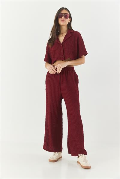 Kadın Gofre Crop Ceket Beli Lastikli Yüksek Bel Pantolonlu Alt-Üst Takım 9313 60281043 - Bordo