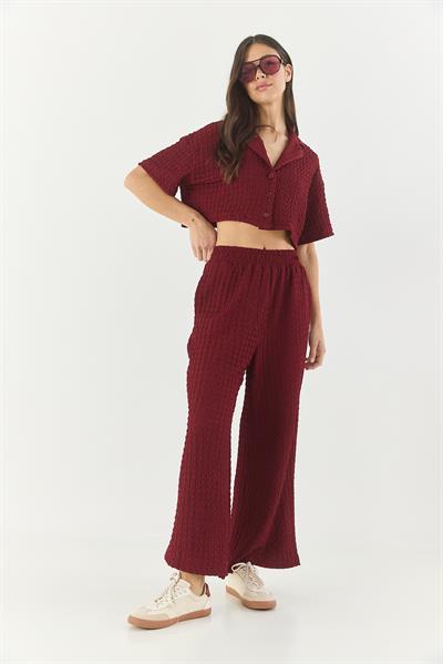 Kadın Gofre Crop Ceket Beli Lastikli Yüksek Bel Pantolonlu Alt-Üst Takım 9313 60281043 - Bordo