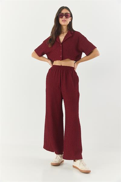 Kadın Gofre Crop Ceket Beli Lastikli Yüksek Bel Pantolonlu Alt-Üst Takım 9313 60281043 - Bordo