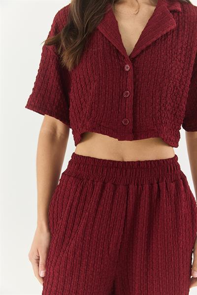 Kadın Gofre Crop Ceket Beli Lastikli Yüksek Bel Pantolonlu Alt-Üst Takım 9313 60281043 - Bordo