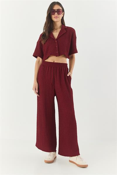 Kadın Gofre Crop Ceket Beli Lastikli Yüksek Bel Pantolonlu Alt-Üst Takım 9313 60281043 - Bordo