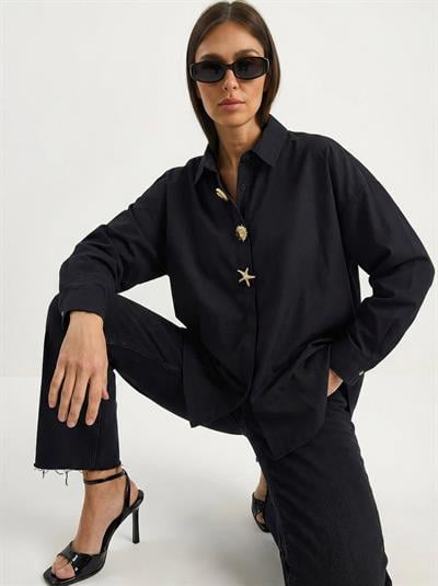 Kadın Gold Düğme Aksesuarlı Poplin Gömlek 7508 60283943 - Siyah