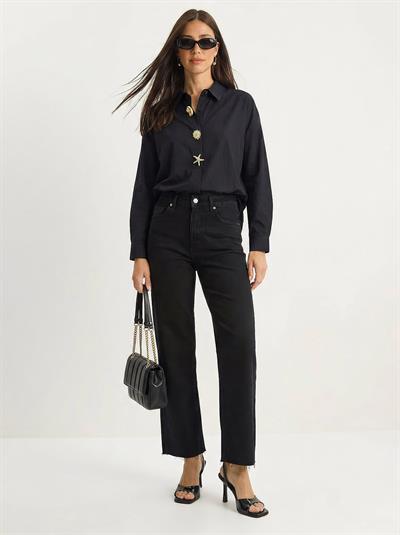 Kadın Gold Düğme Aksesuarlı Poplin Gömlek 7508 60283943 - Siyah