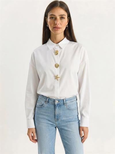 Kadın Gold Düğme Aksesuarlı Poplin Gömlek 7508 60283943 - Beyaz
