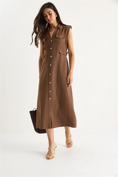 Kadın Gold Düğmeli Bel Detaylı Keten Elbise 7011 60283421 - Kahve