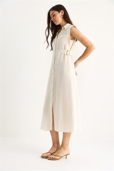 Kadın Gold Düğmeli Bel Detaylı Keten Elbise 7011 60283421 - Bej