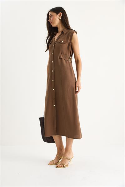 Kadın Gold Düğmeli Bel Detaylı Keten Elbise 7011 60283421 - Kahve