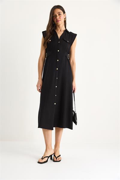 Kadın Gold Düğmeli Bel Detaylı Keten Elbise 7011 60283421 - Siyah