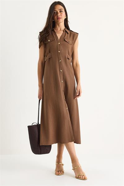 Kadın Gold Düğmeli Bel Detaylı Keten Elbise 7011 60283421 - Kahve