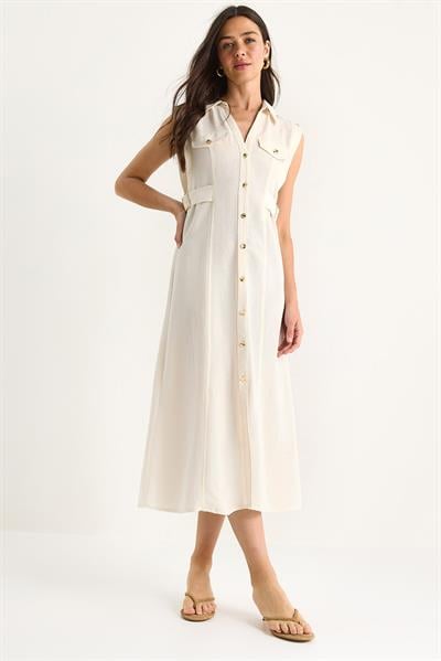 Kadın Gold Düğmeli Bel Detaylı Keten Elbise 7011 60283421 - Bej