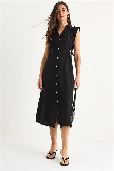 Kadın Gold Düğmeli Bel Detaylı Keten Elbise 7011 60283421 - Siyah
