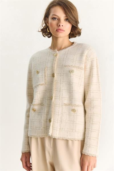 Kadın Gold Simli Vintage Düğmeli Yumuşak Dokulu Hırka TH241067 60284096 - Ekru